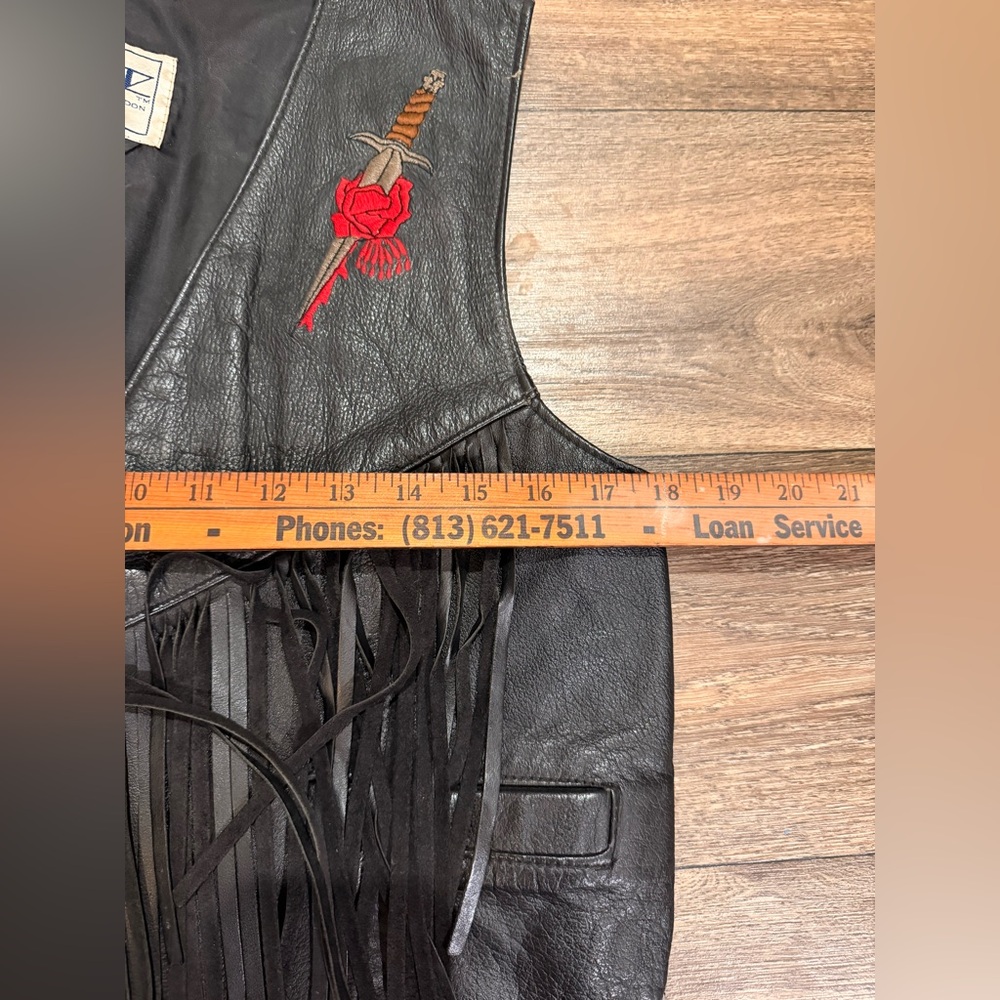 Park V Black Leather Fringe Vest Rose Dagger Embroidery Western Biker Women M - Picture 12 of 13